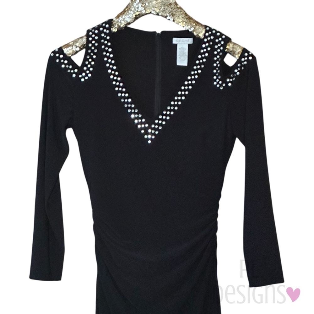 Cache Ruched Embellished Black Dress - Picture 2 of 8